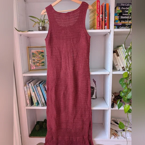 Ana Women's Crochet Maxi Dress Burgundy Knit Sz Medium Boho Cottagecore Festival - Picture 3 of 10